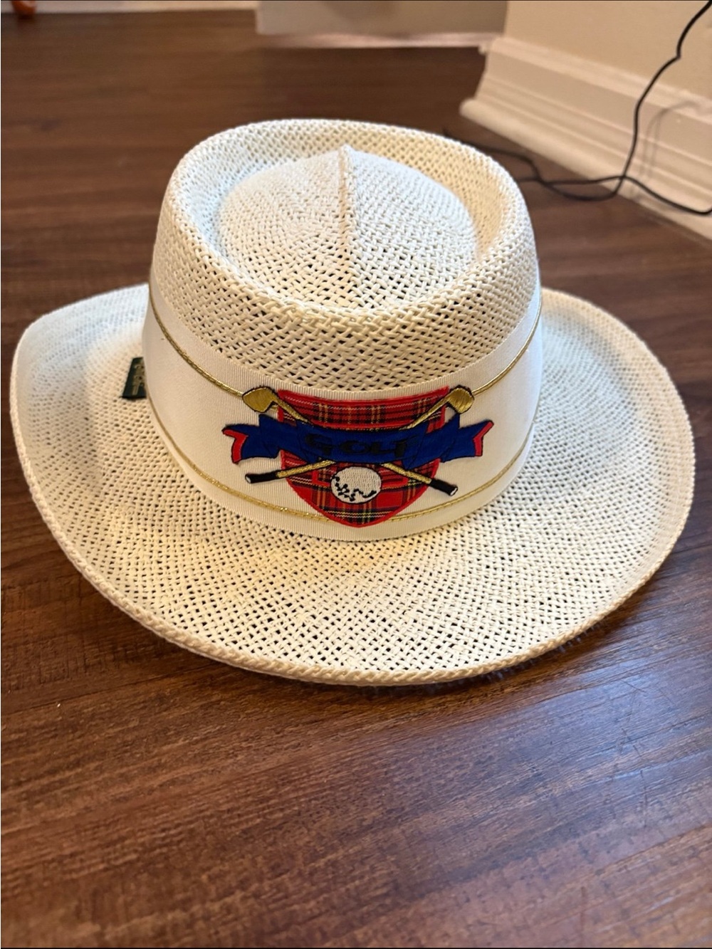 Chi chi golf vintage  Cream Straw Fedora with Red & Blue Crest